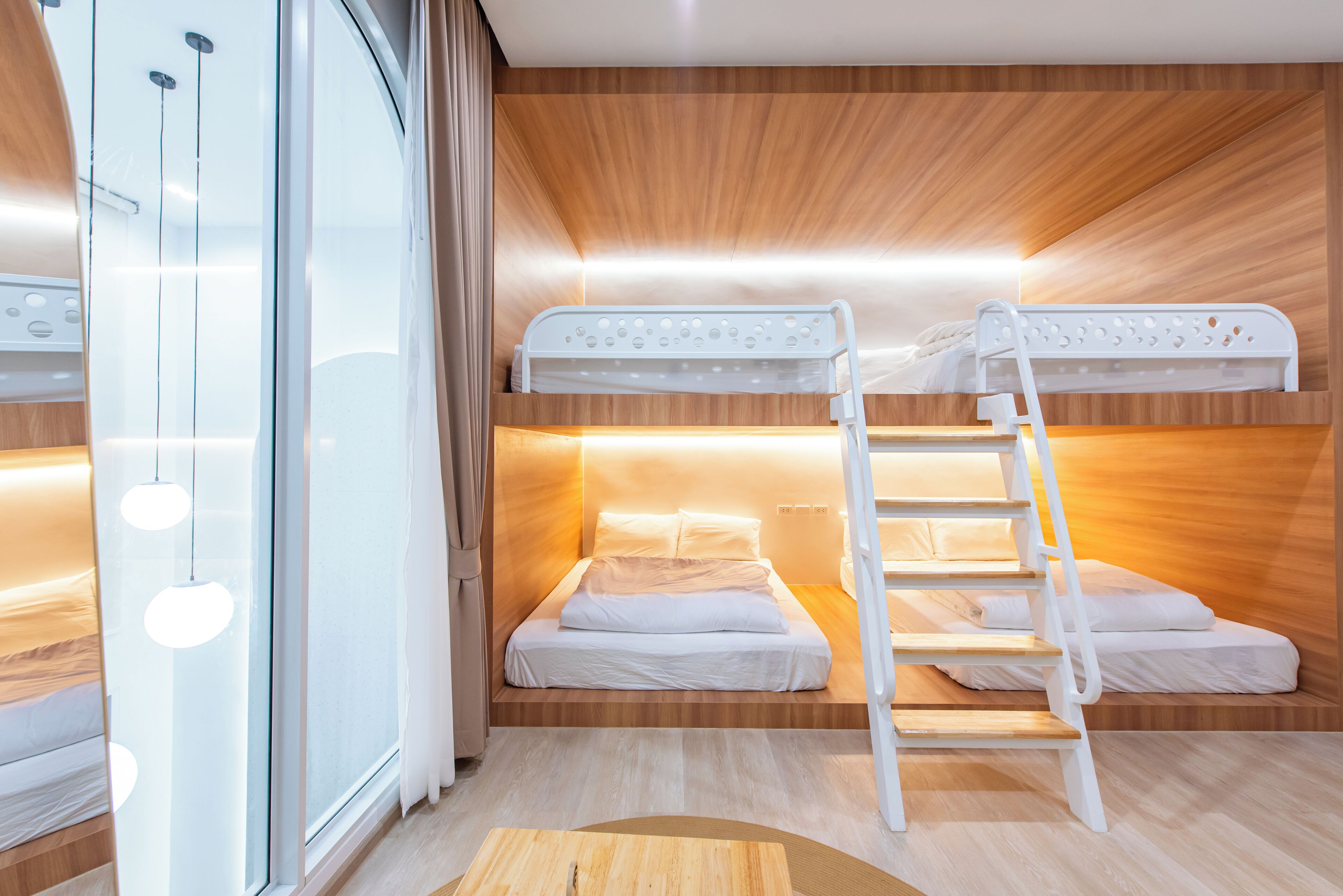 Desk, laptop workspace, blackout curtains, soundproofing