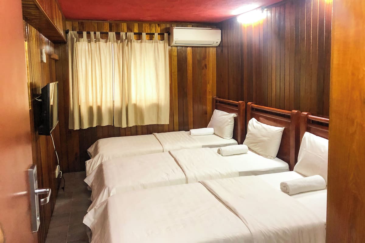 Une chambre d’hôtel avec quatre lits simples, un lambris en bois, une télévision et un appareil de climatisation.