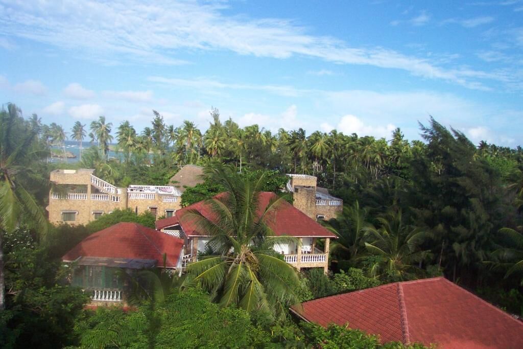 A resort with multiple buildings, including a large structure with balconies and smaller houses with red roofs, surrounded by dense palm trees.