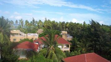 A resort with multiple buildings, including a large structure with balconies and smaller houses with red roofs, surrounded by dense palm trees.