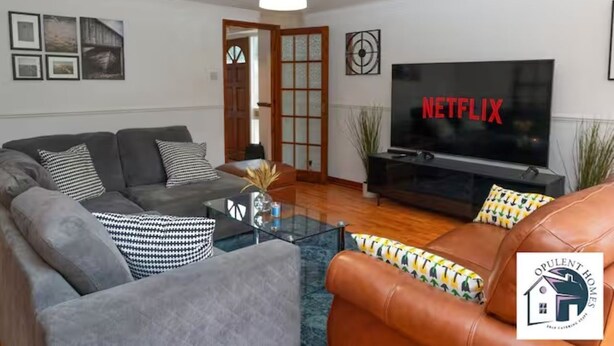 A living room with a grey sofa, a brown leather couch, a glass coffee table, and a flat-screen TV displaying 'NETFLIX'.