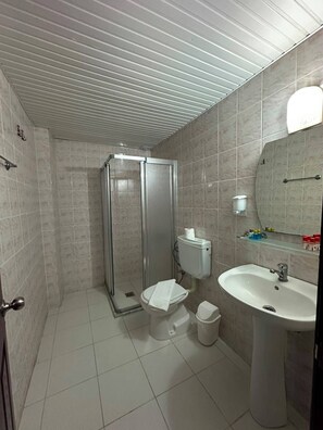 Un bagno con doccia, WC, lavandino e specchio.