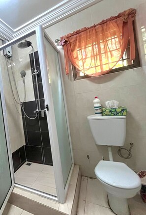 Shower, towels, soap, toilet paper