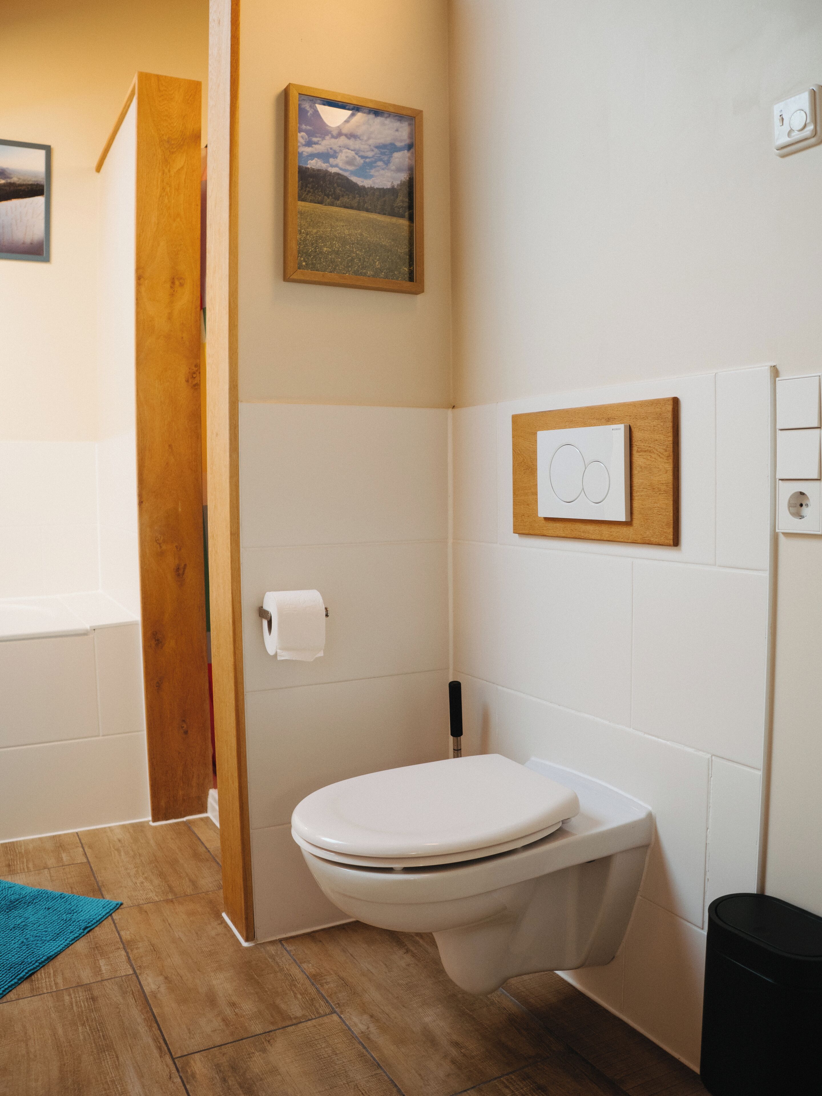 A bathroom with a toilet, a wooden door, a towel dispenser, and a picture on the wall.