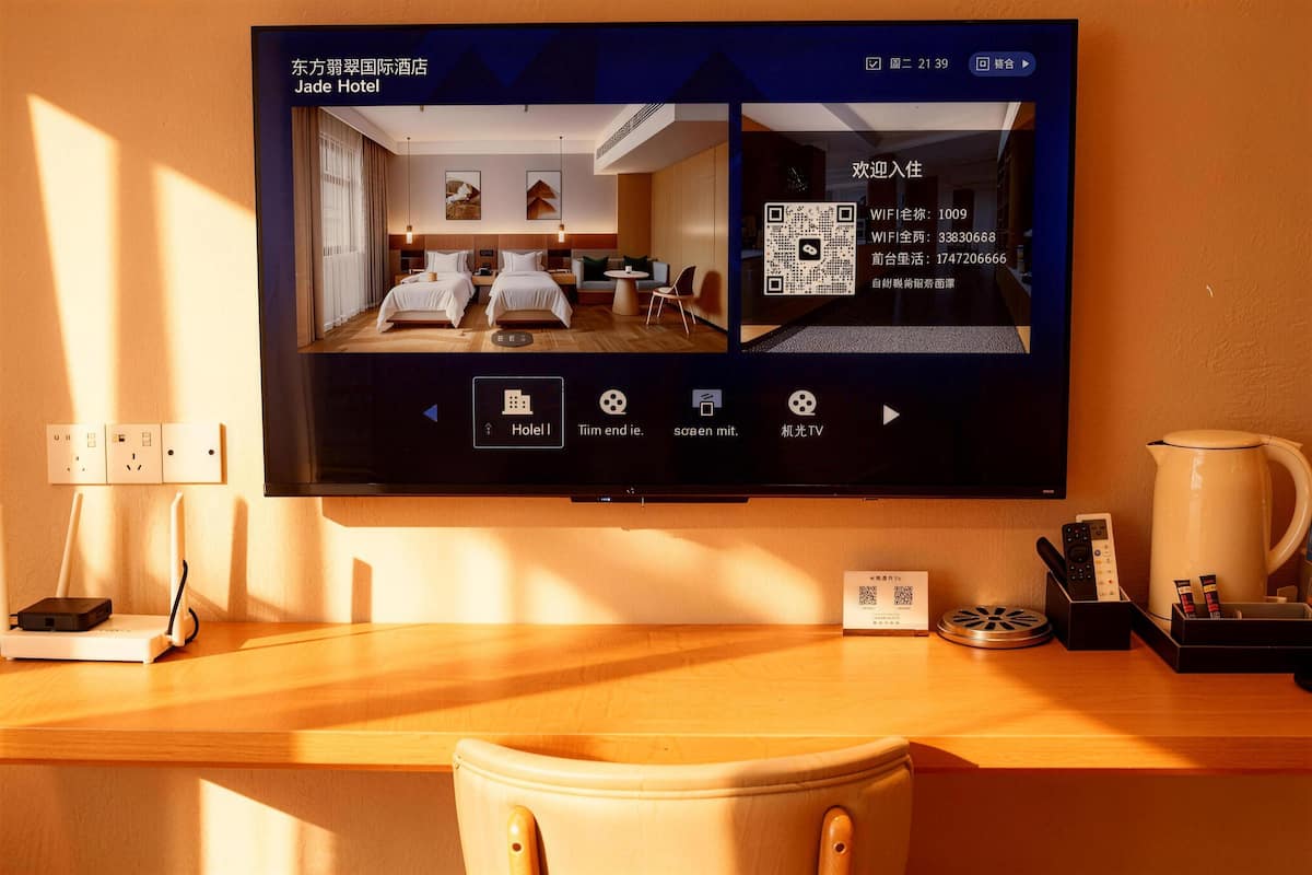 Une chambre d’hôtel équipée d’un grand téléviseur à écran plat affichant un code QR et des informations sur l’hôtel.
