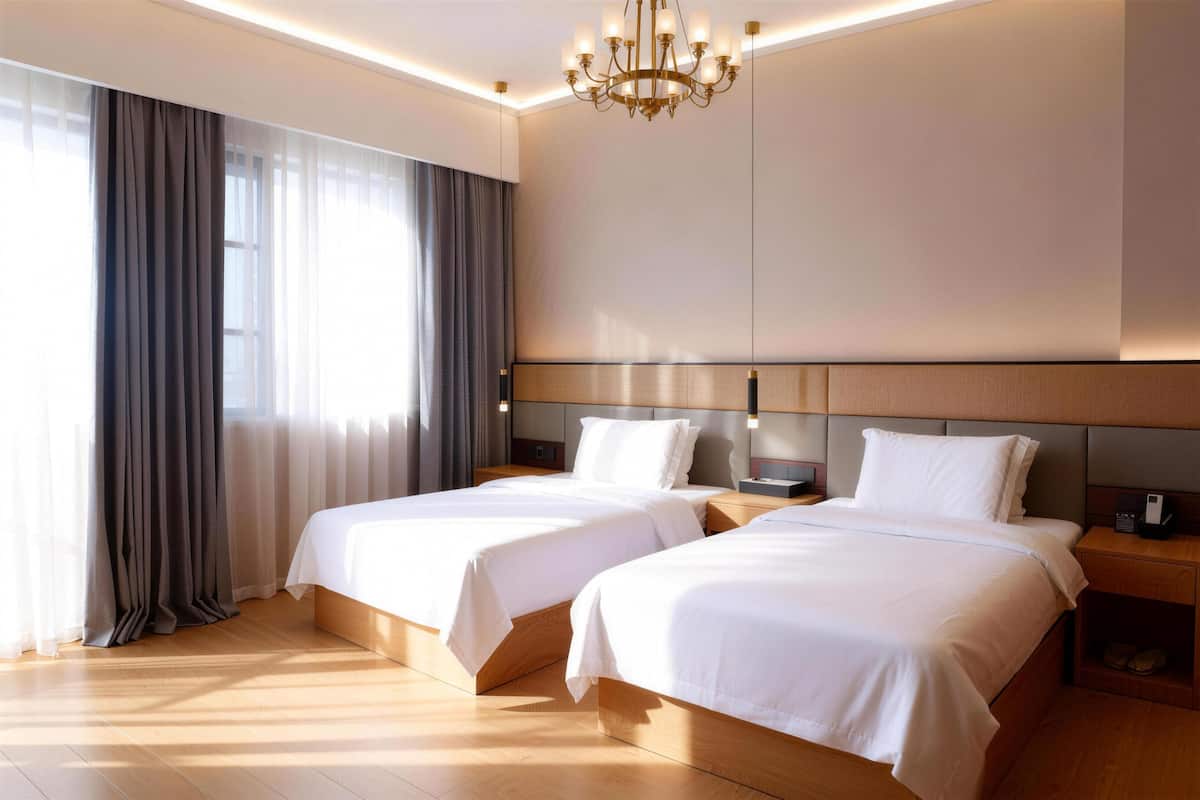 Une chambre d’hôtel avec deux lits, un lustre et une grande fenêtre avec des rideaux.