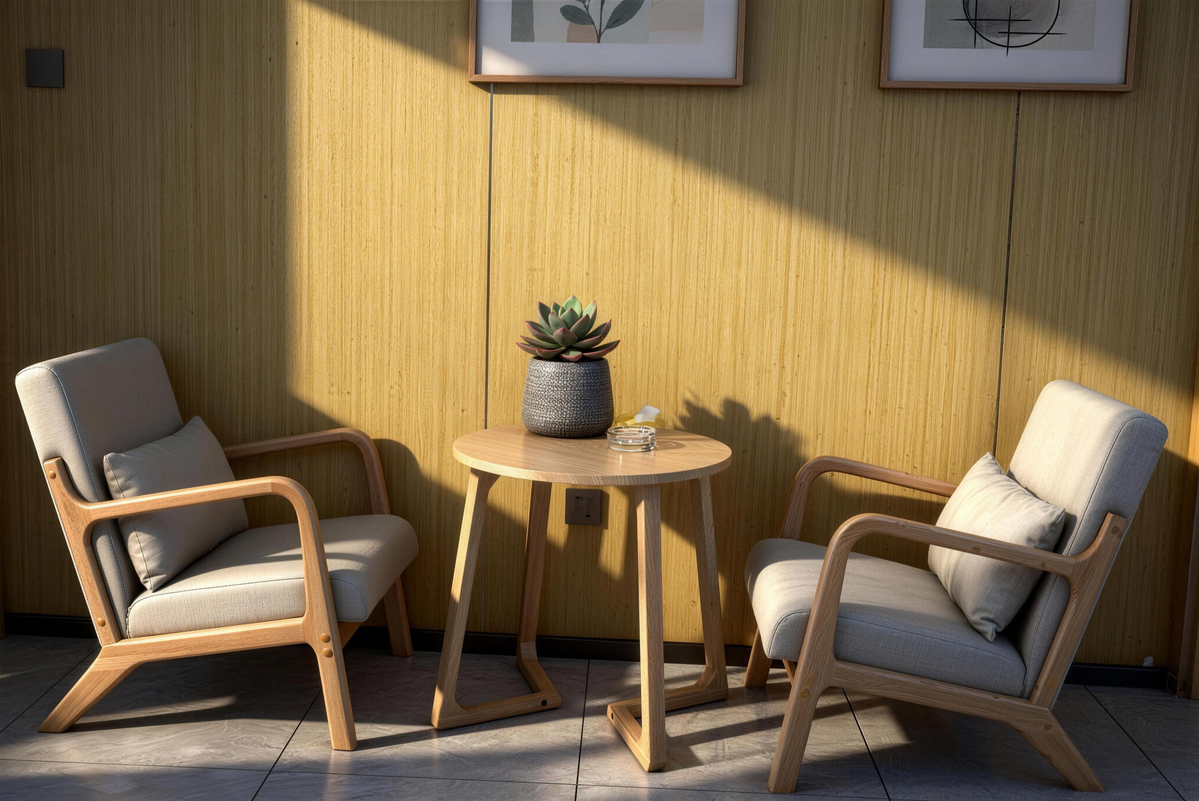 Two wooden chairs with cushions, a small round table with a potted plant, and framed artwork on the wall.