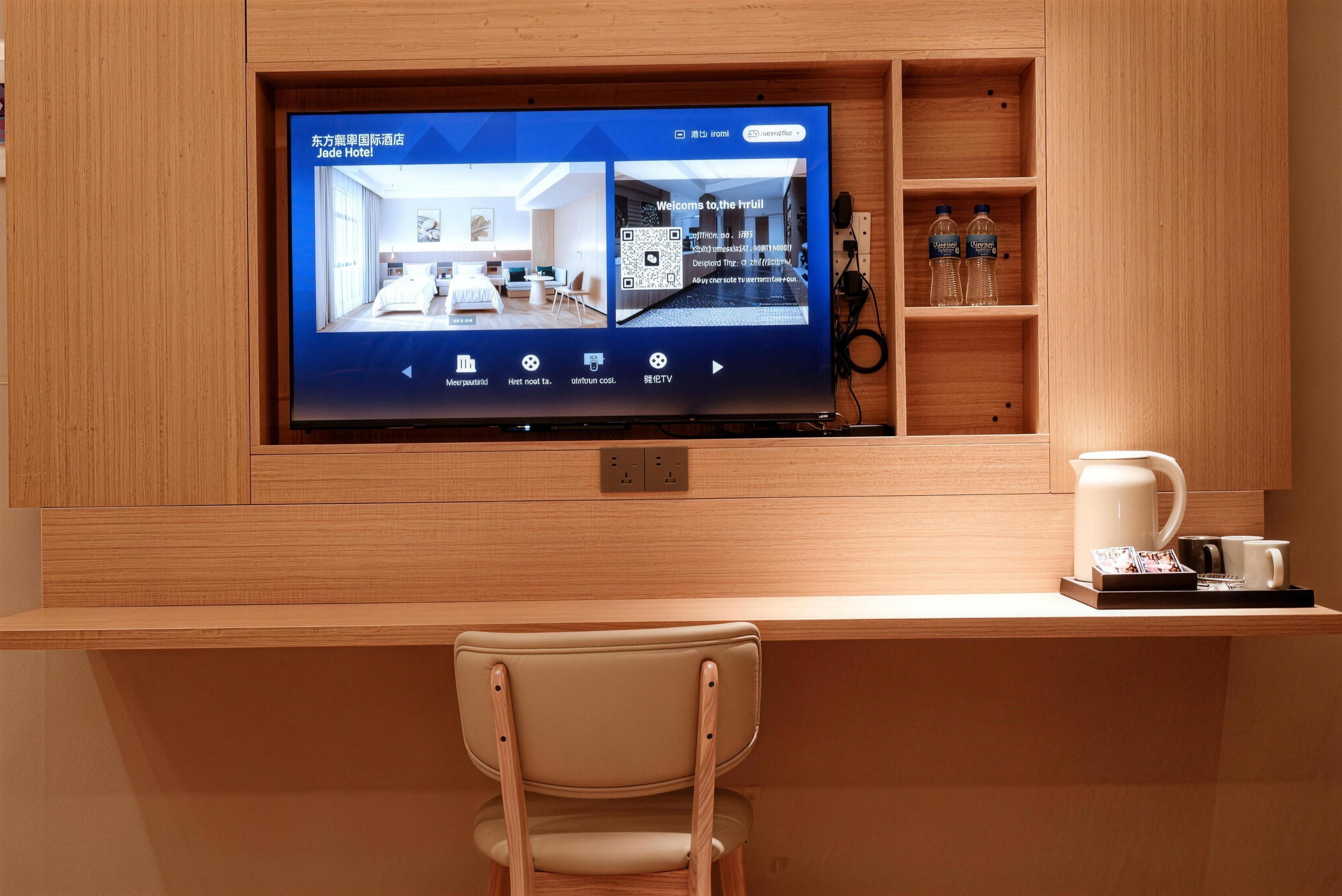A television displaying a hotel interior, a wooden desk with a chair, and a shelf with water bottles.