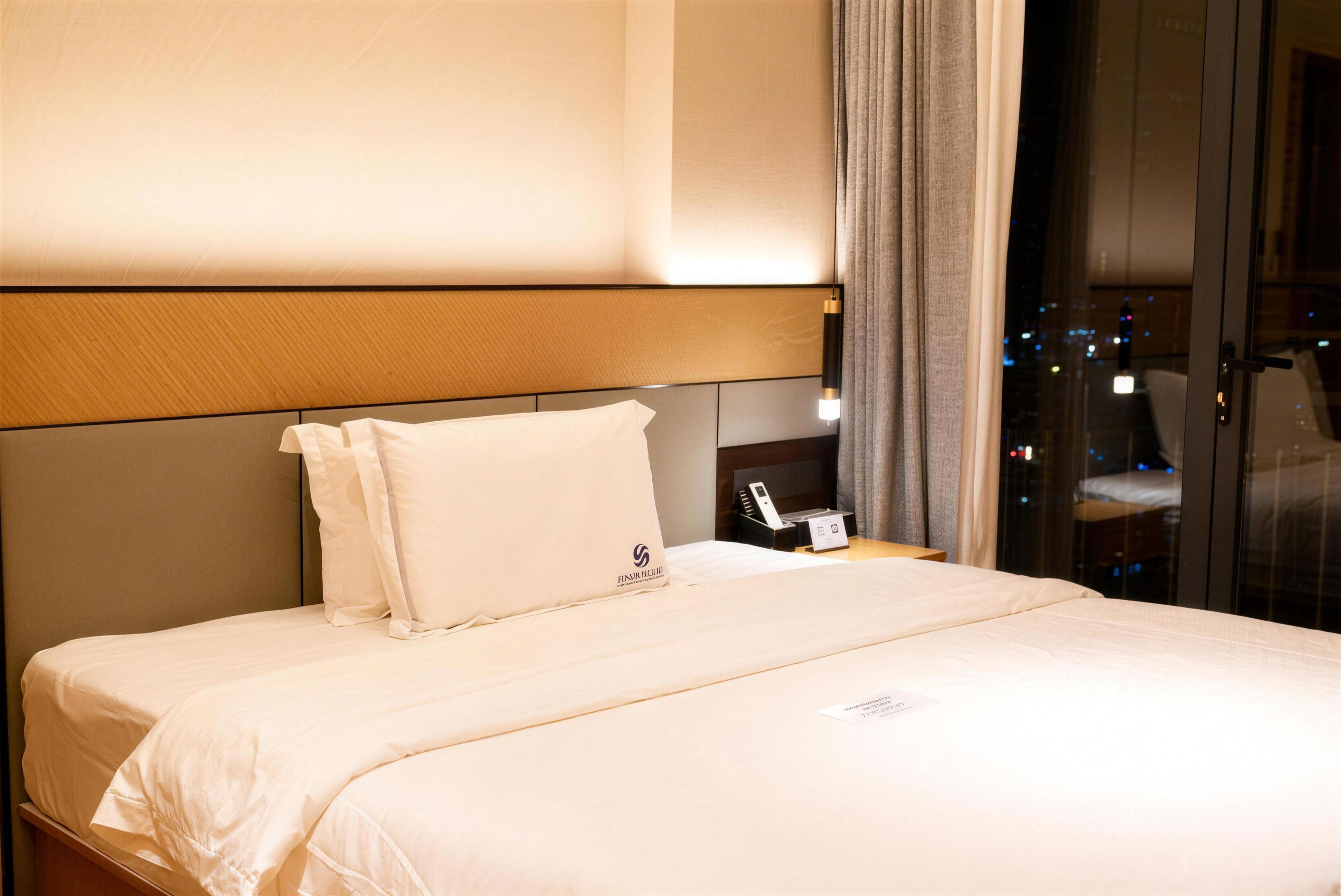 Habitación de hotel con una cama grande, una mesita de noche con teléfono y vistas a la ciudad a través de la ventana.