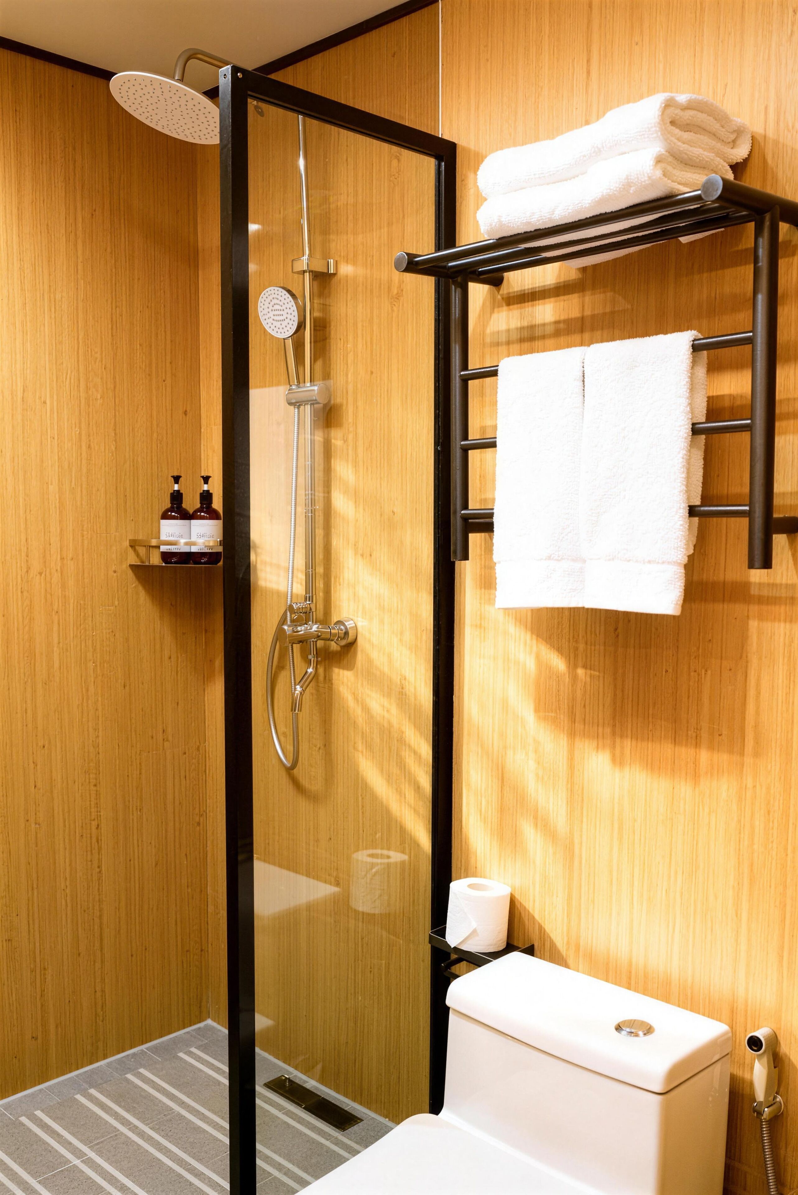 A modern bathroom with a glass-enclosed shower, a toilet, a towel rack, and a shelf with toiletries.