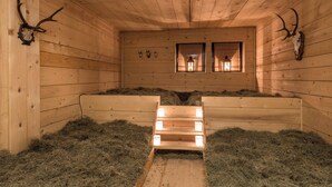 A sauna room with wooden walls, two windows with lanterns, and antler decorations. - New modern apartments for active vacationers with wellness and pool. Dog friendly (Goldrain)