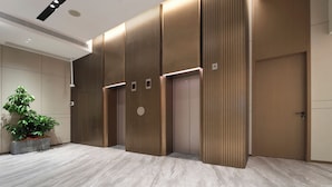 Een modern liftgedeelte met een plant, een marmeren vloer en een houten paneelwand.