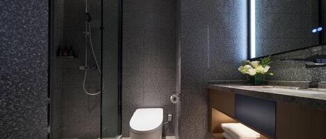 Een moderne badkamer met een douchecabine, toilet en een wastafel met spiegel.