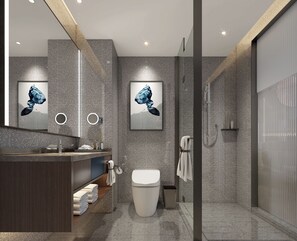 Phòng đơn Cao cấp, quang cảnh thành phố | Phòng tắm | Buồng tắm vòi sen, máy sấy tóc, khăn tắm, xà phòng 