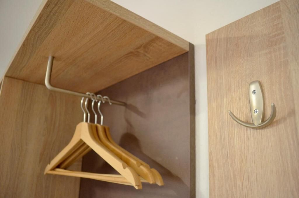 A wooden closet with a metal hanger rod and a coat hook.