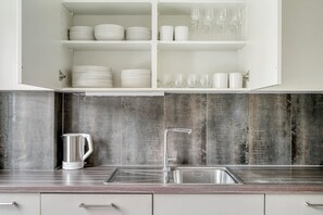 A kitchen with a stainless steel sink, a kettle, and a cabinet above the counter. - 3-BR in Wipkingen · parking · tram nearby (Zürich)