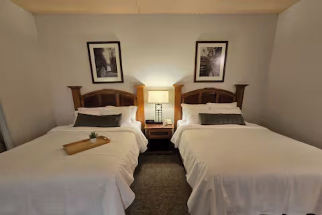 A hotel room with two single beds, a bedside table with a lamp, and framed pictures on the wall.