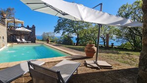 Une piscine entourée de murs en pierre et de plantes en pot, avec des chaises longues et des parasols.