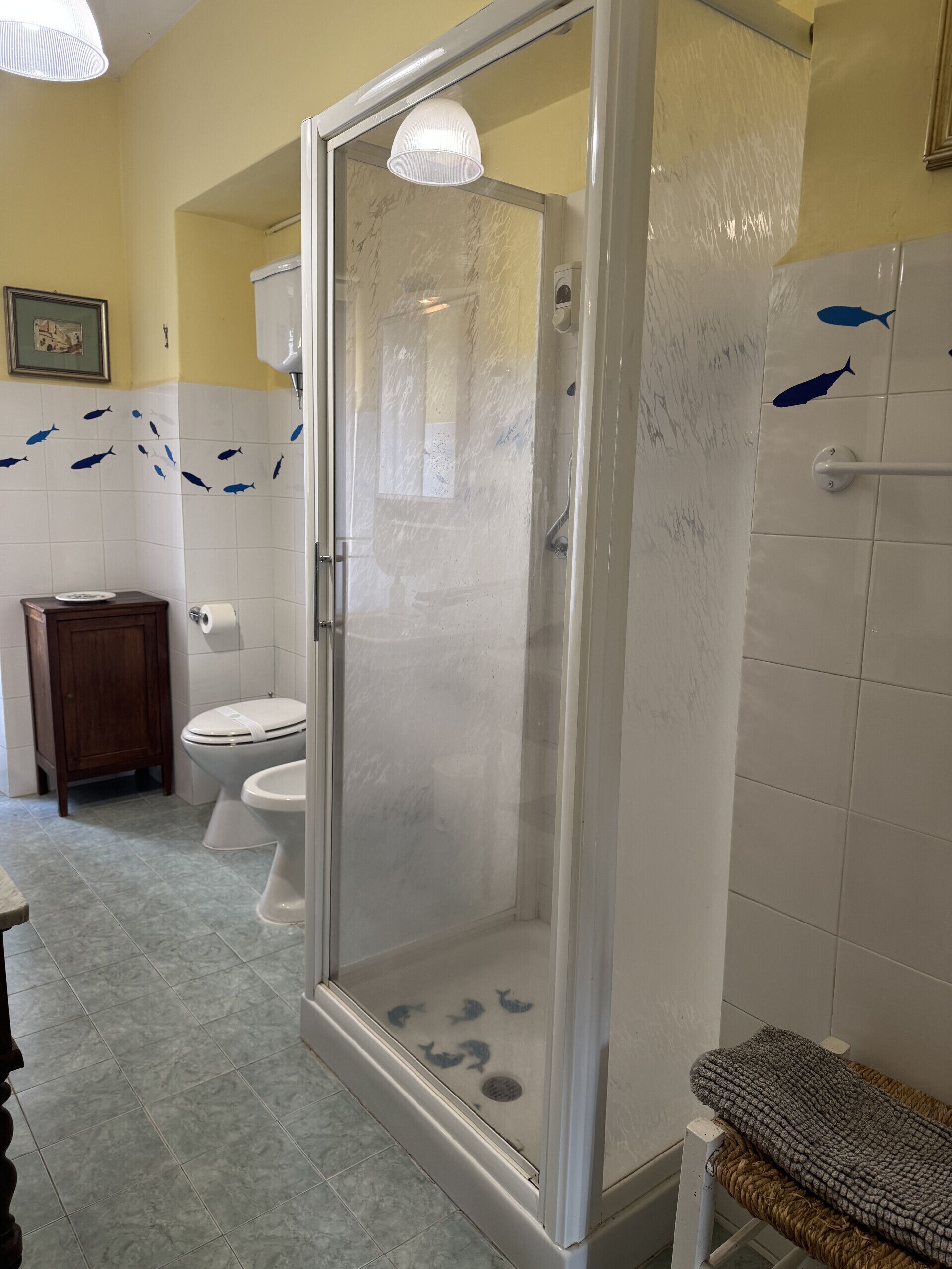 Un baño con ducha de vidrio, inodoro y lavamanos.