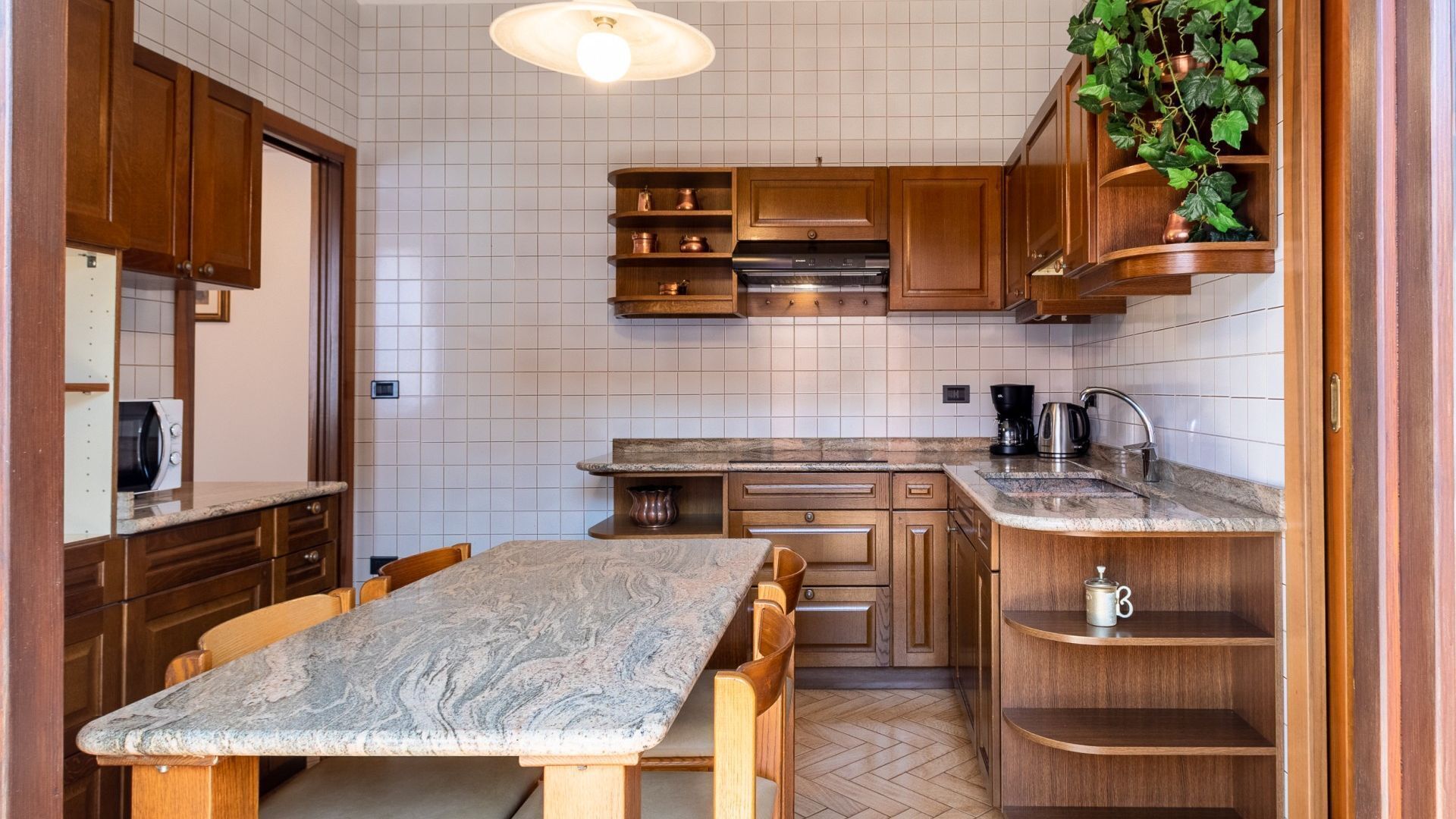 A kitchen with wooden cabinets, a granite countertop, a built-in oven, and a hanging plant.