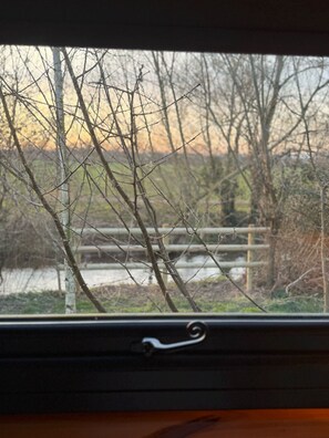 A window view of bare tree branches and a metal fence. - Serene 1-bedroom cabin just outside of Taunton, perfect for a peaceful getaway (Taunton)