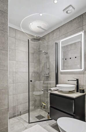 Shower, hair dryer, towels