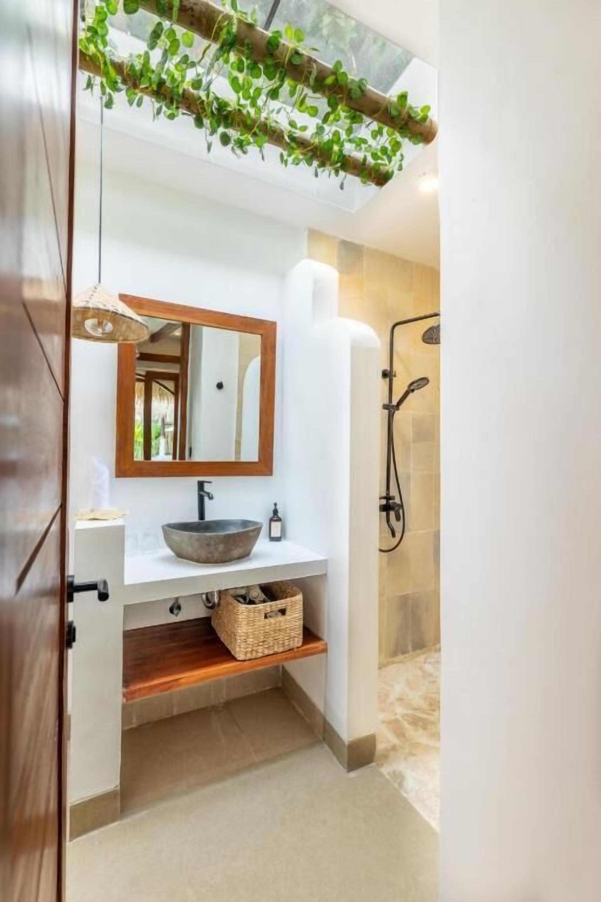 Shower, rainfall showerhead, hair dryer, bathrobes
