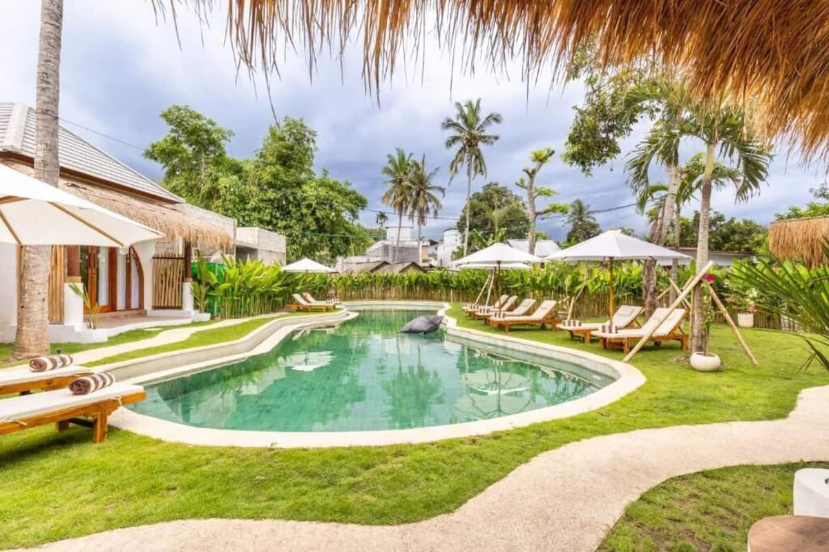A pool with lounge chairs, a thatched-roof building, and palm trees.