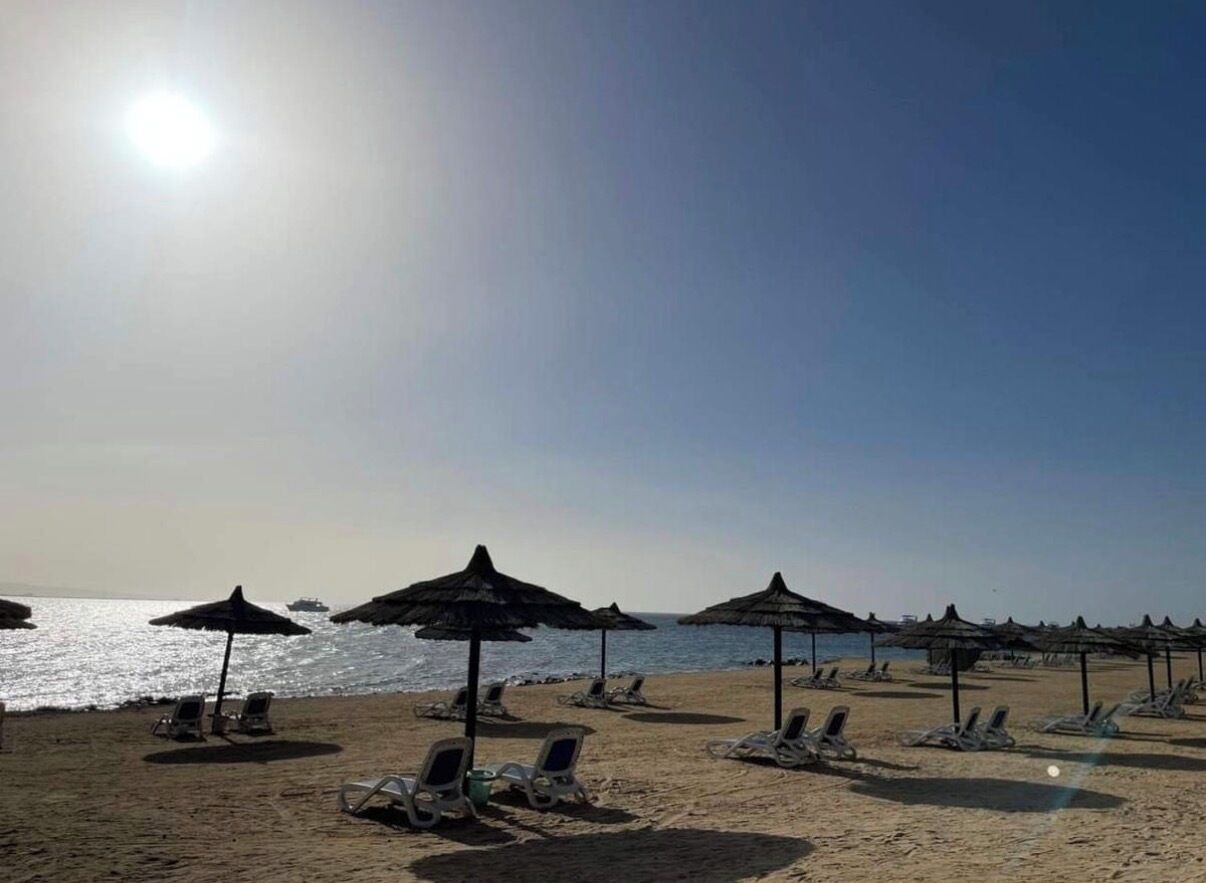 Ein Strand mit Sonnenschirmen und Liegestühlen.