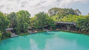 Ein Pool, umgeben von üppigem Grün, und ein Restaurant mit Außenbereich.