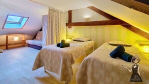 A cozy attic bedroom with two beds, a skylight, and a small wooden desk. - Gîte Cazette, un coin de Paradis au cœur du Béarn. (Ance Féas)