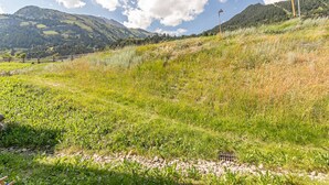 Una ladera cubierta de hierba con una valla metálica, una rejilla de desagüe y un farol.