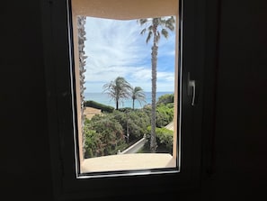 Une fenêtre donnant sur un palmier, un escalier et une plage.
