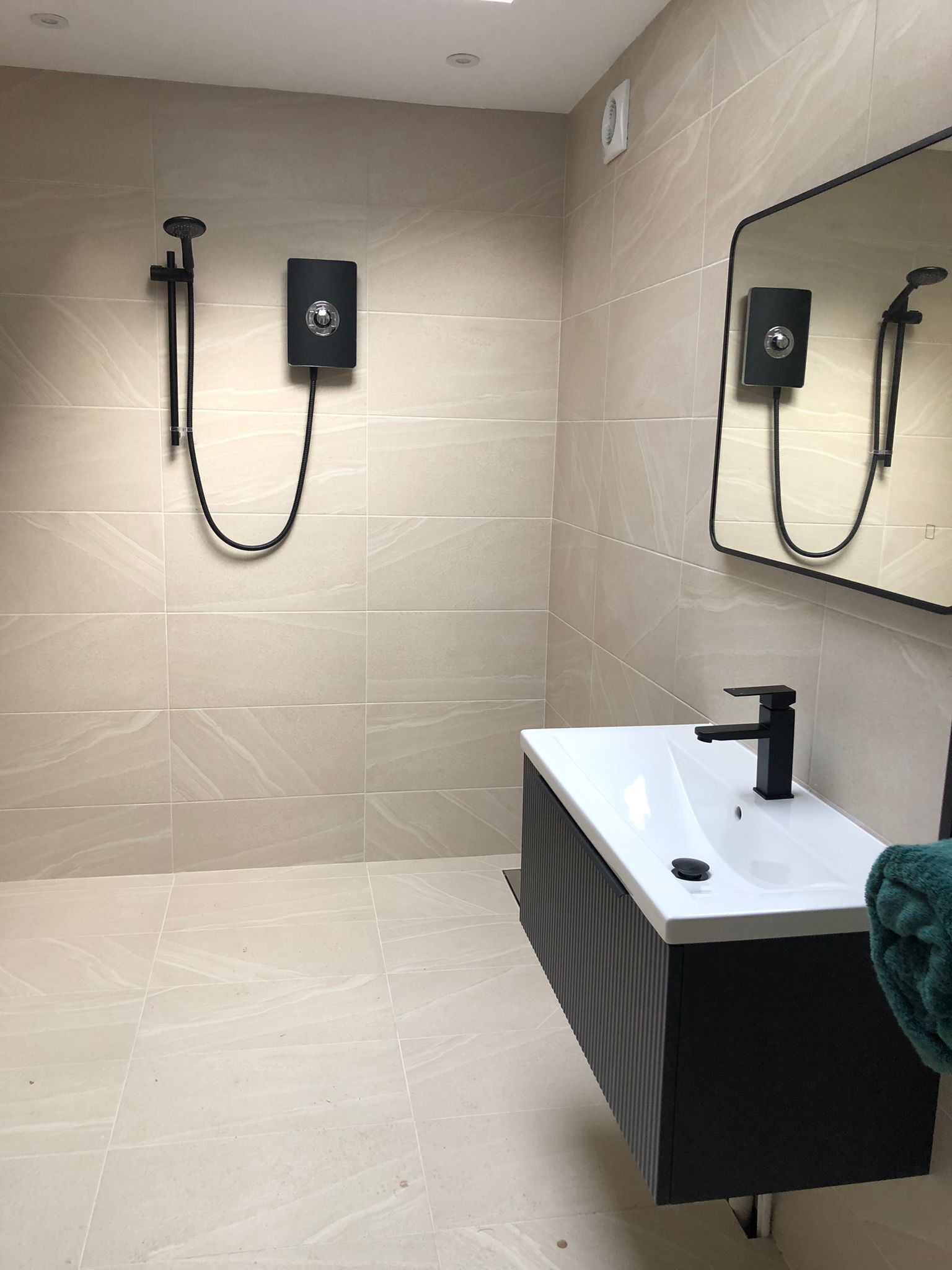 Shower, towels, toilet paper