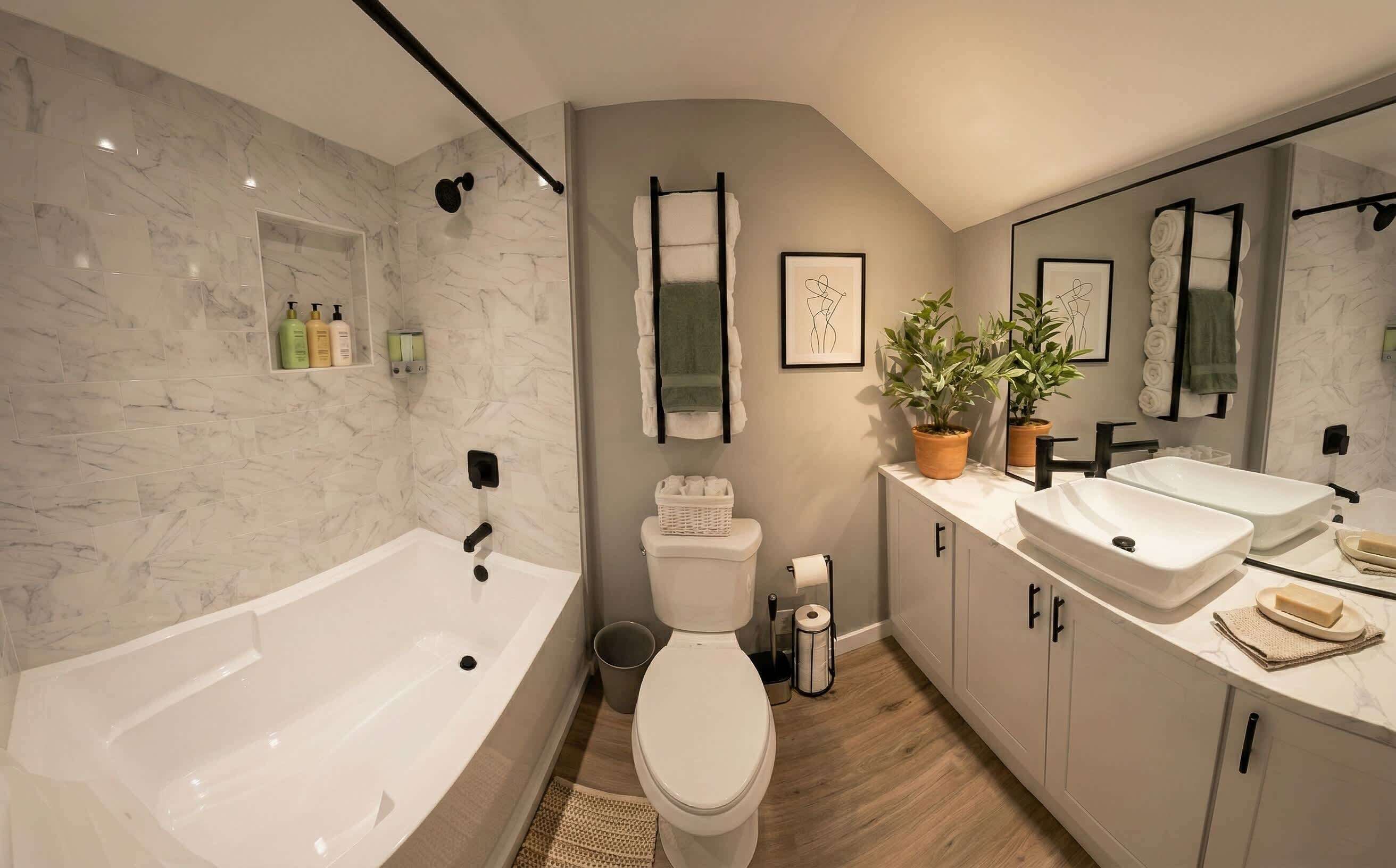 A modern bathroom with a bathtub, toilet, and dual sinks.