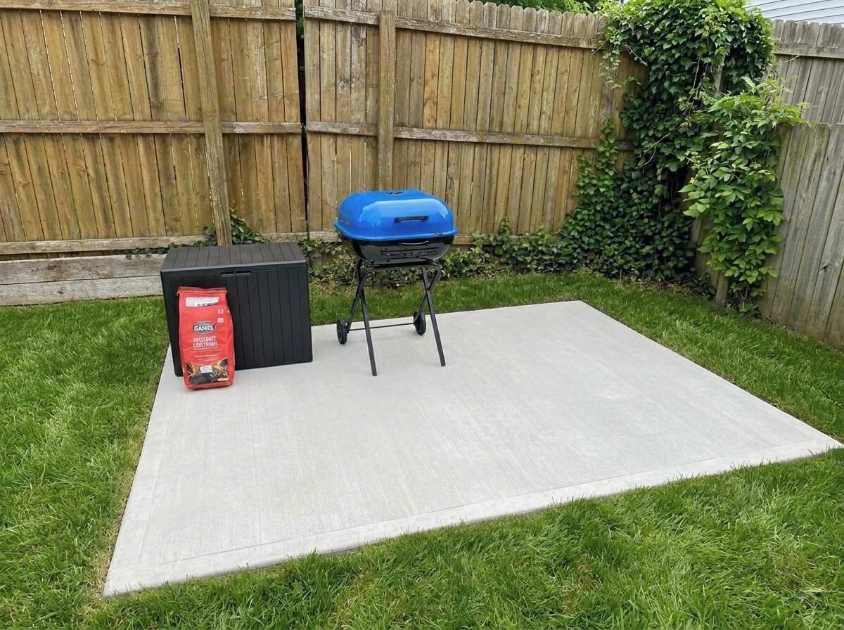 A backyard patio with a barbecue grill, a black grill cover, and a red bag of charcoal.