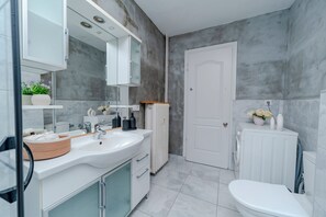 Shower, hair dryer, bidet, towels
