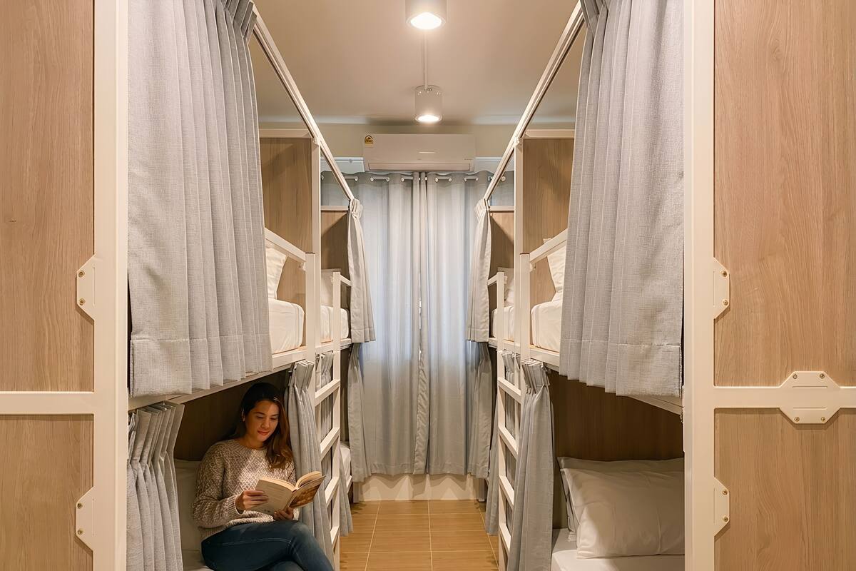 Una habitación con literas, una persona leyendo un libro y una ventana cubierta por cortinas.