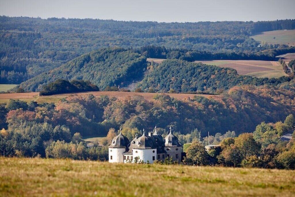 A large, white building with multiple domed roofs surrounded by a forested landscape.