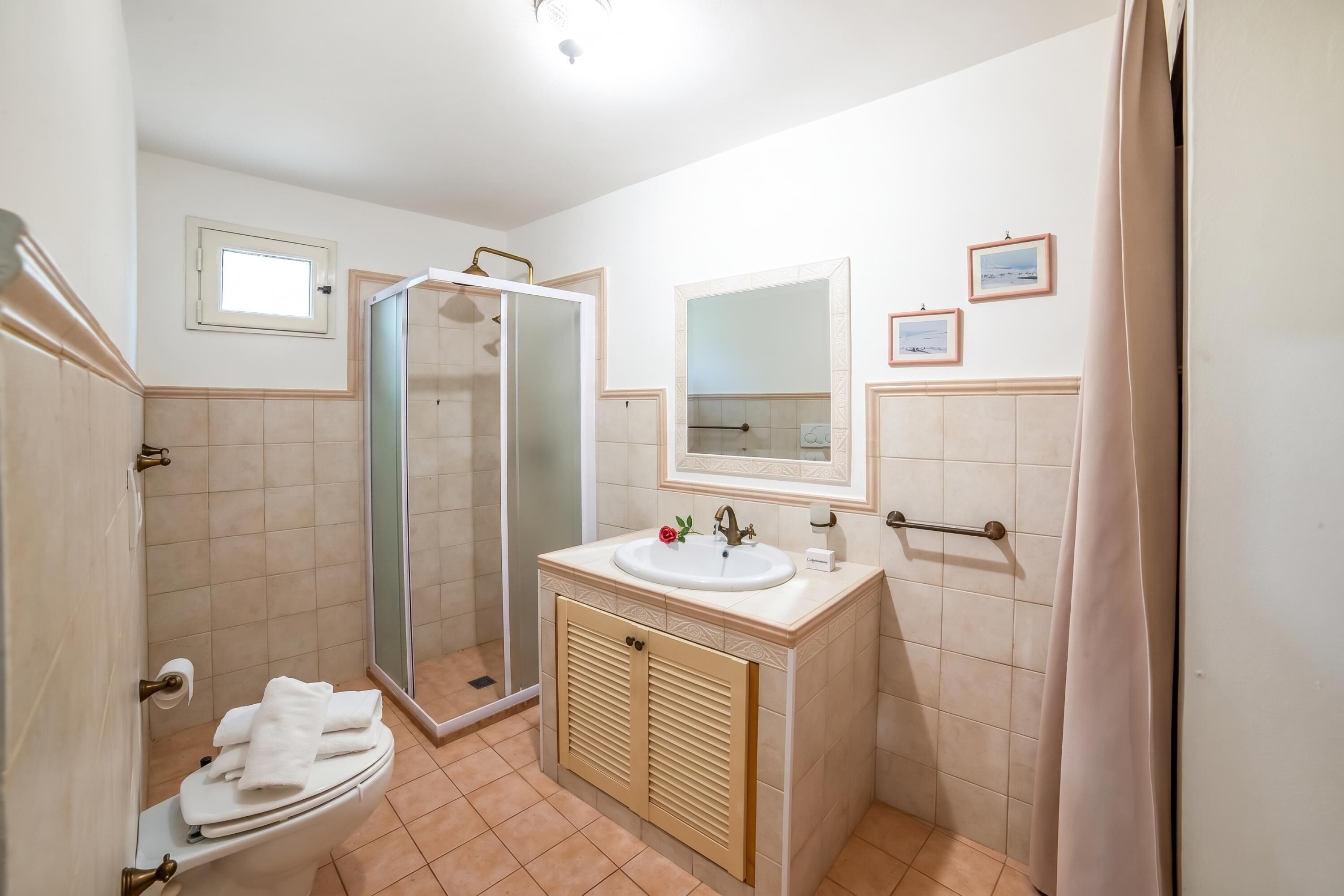 Un bagno con il water, uno spazio doccia, un lavabo con uno specchio e un porta asciugamani.
