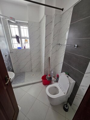 A bathroom with a toilet, bidet, and shower area. - Lovely 1-bedroom apartment in tranquil Nairobi perfect for your stay (Nairobi)
