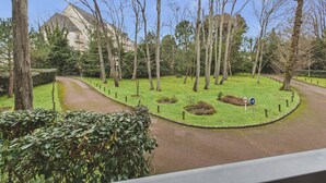 Un barrio residencial con una entrada de carril sinuosa, un césped y una fila de árboles.