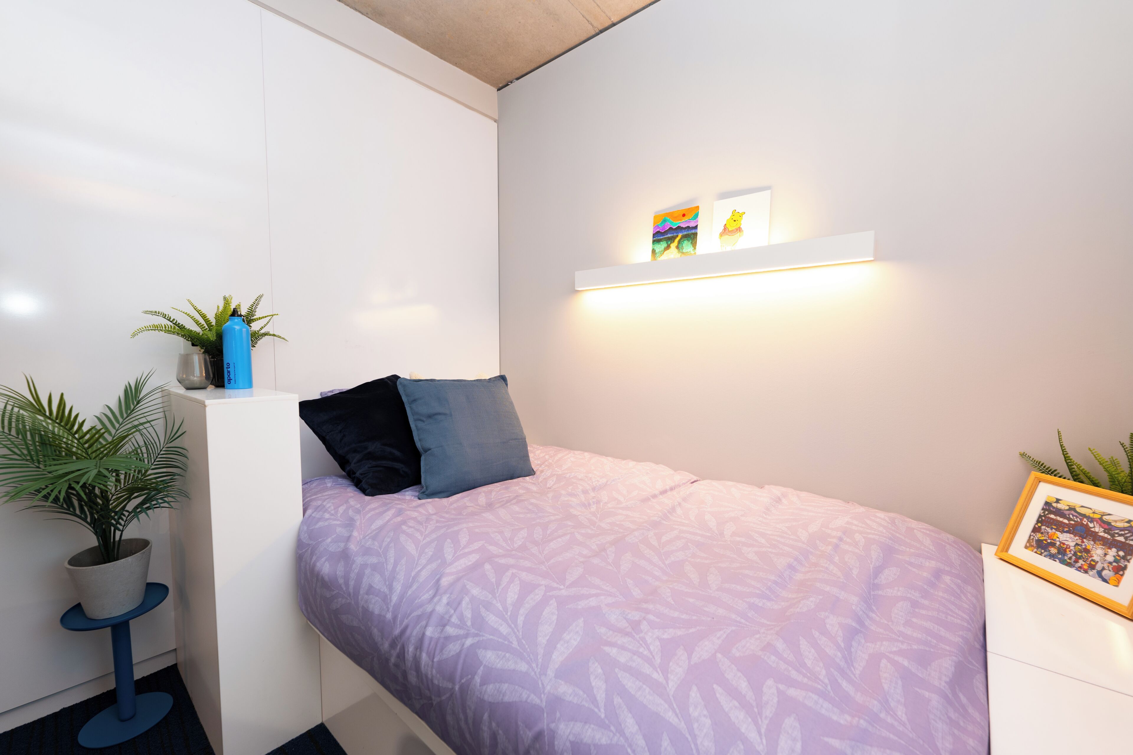 A small, neatly arranged bedroom with a bed, a small table, a potted plant, and a wall-mounted shelf with artwork.