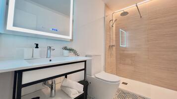 Regadera, secadora de cabello, toallas, jabón