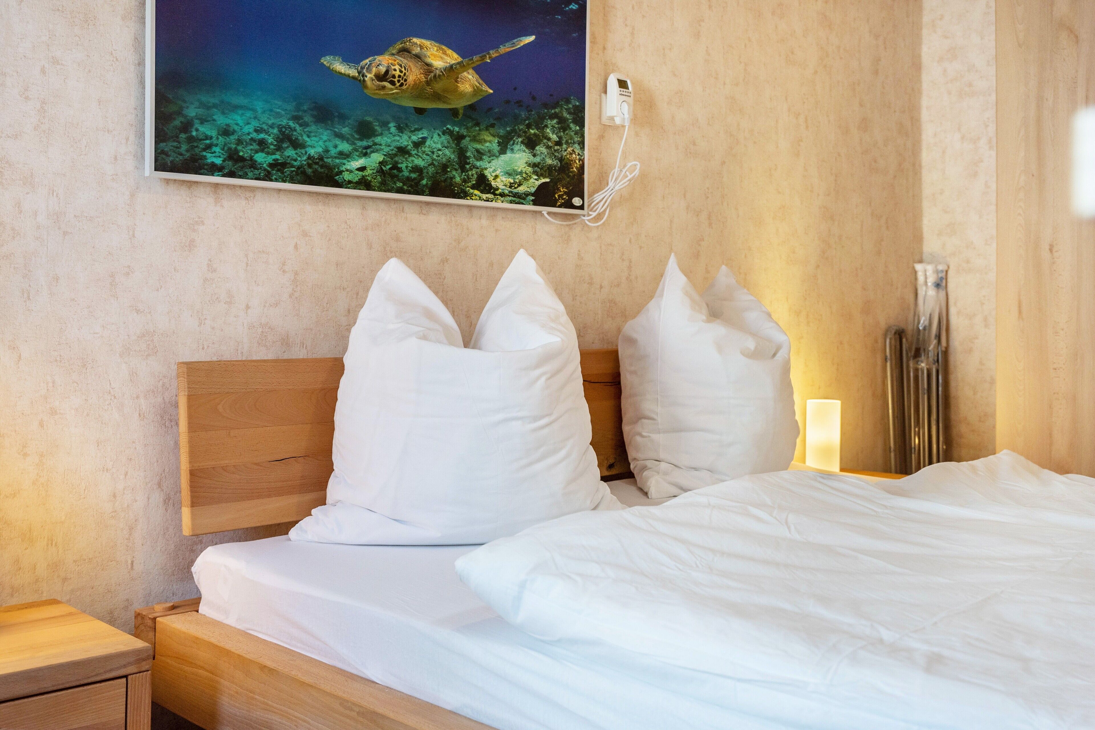 Camera d'albergo con un letto, cuscini bianchi, una testiera in legno, un comodino, una presa di corrente a parete e un quadro con una tartaruga marina.