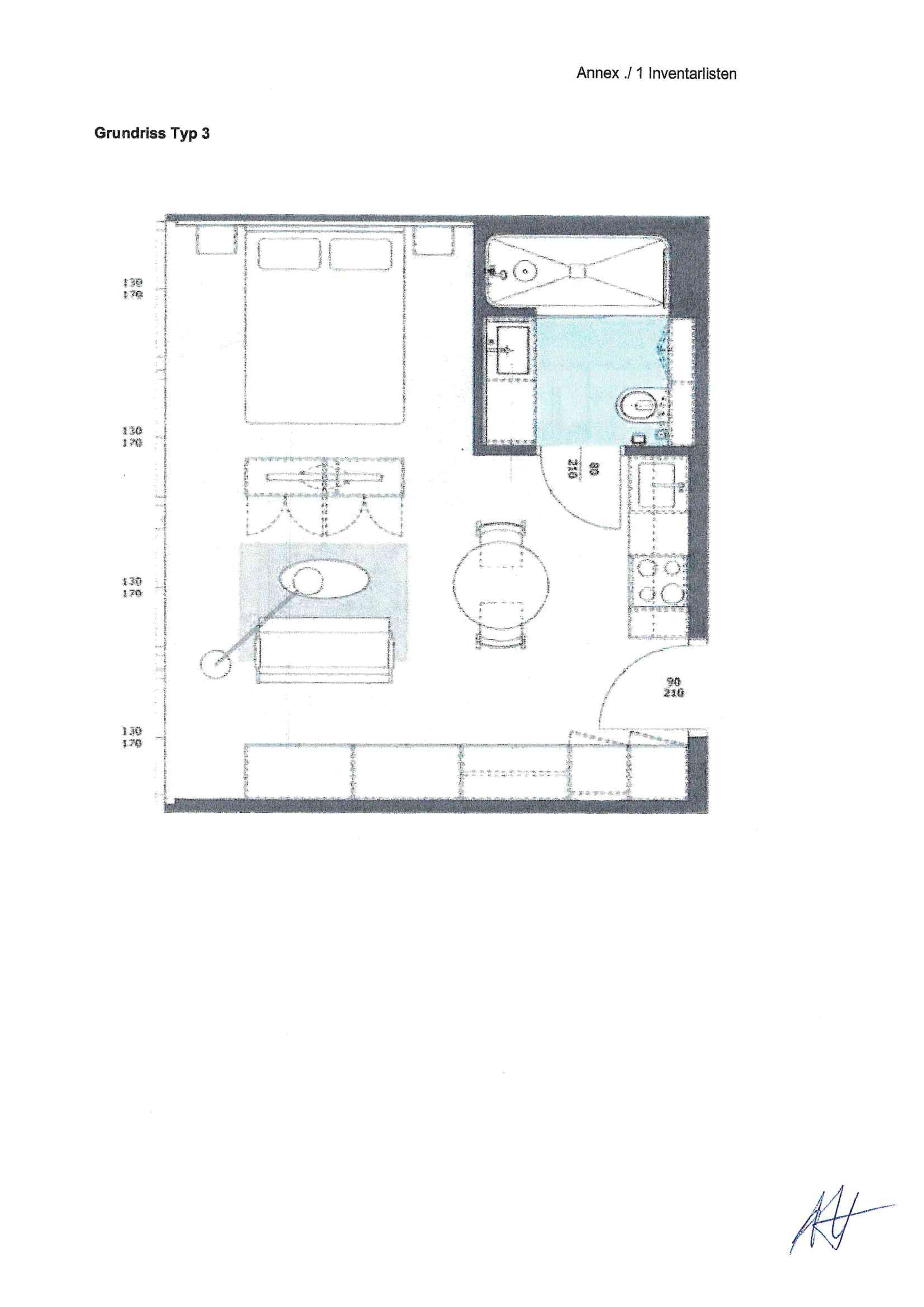 Een plattegrond van een kamer, gelabeld 'Grundriss Typ 3', met een kitchenette, een eetgedeelte, een badkamer en een klein zithoekje.