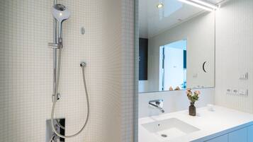 A modern bathroom with a shower, sink, and mirror.