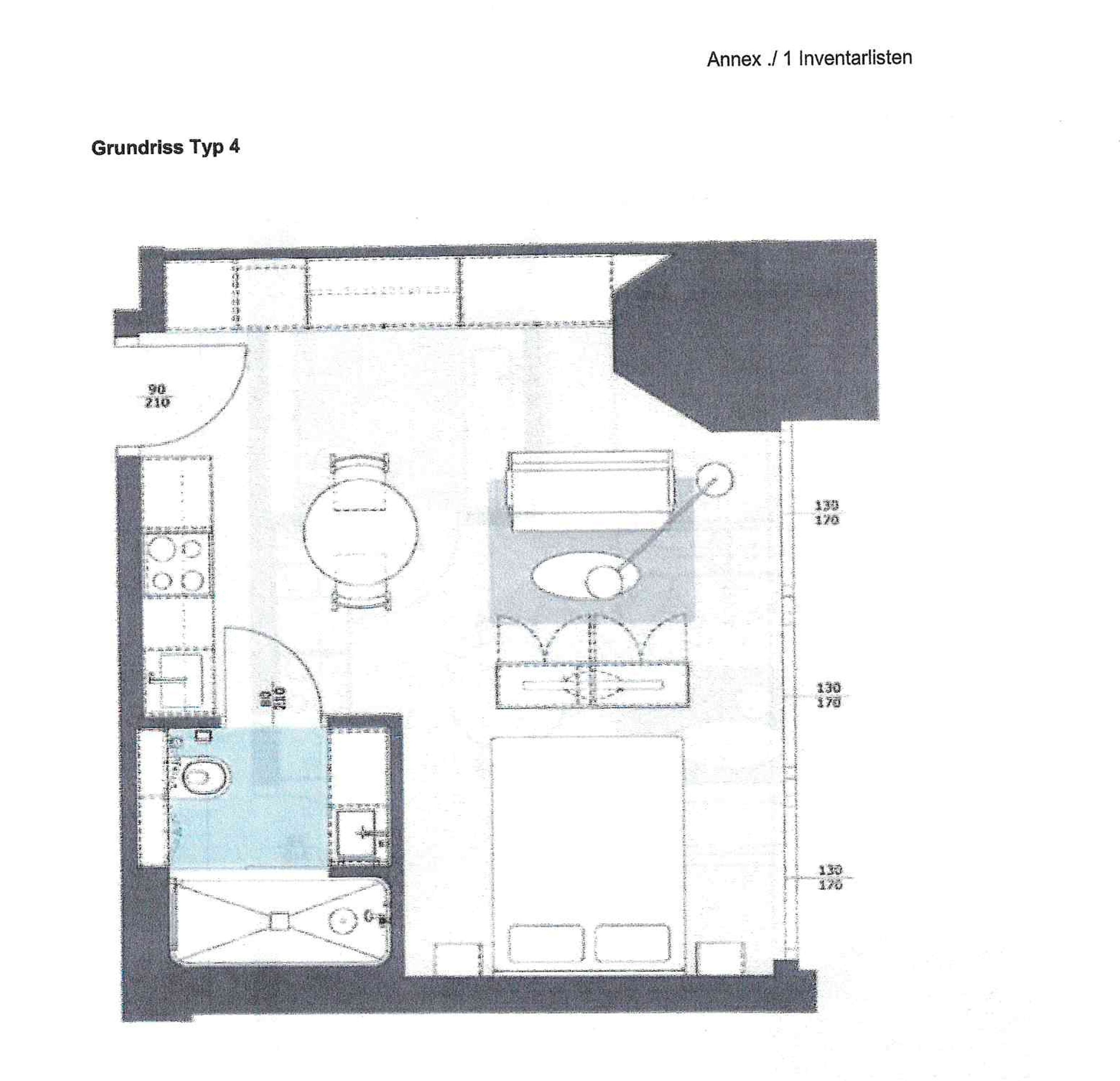 A floor plan of a Grundriss Typ 4 apartment with a kitchen, living area, and a small bathroom.