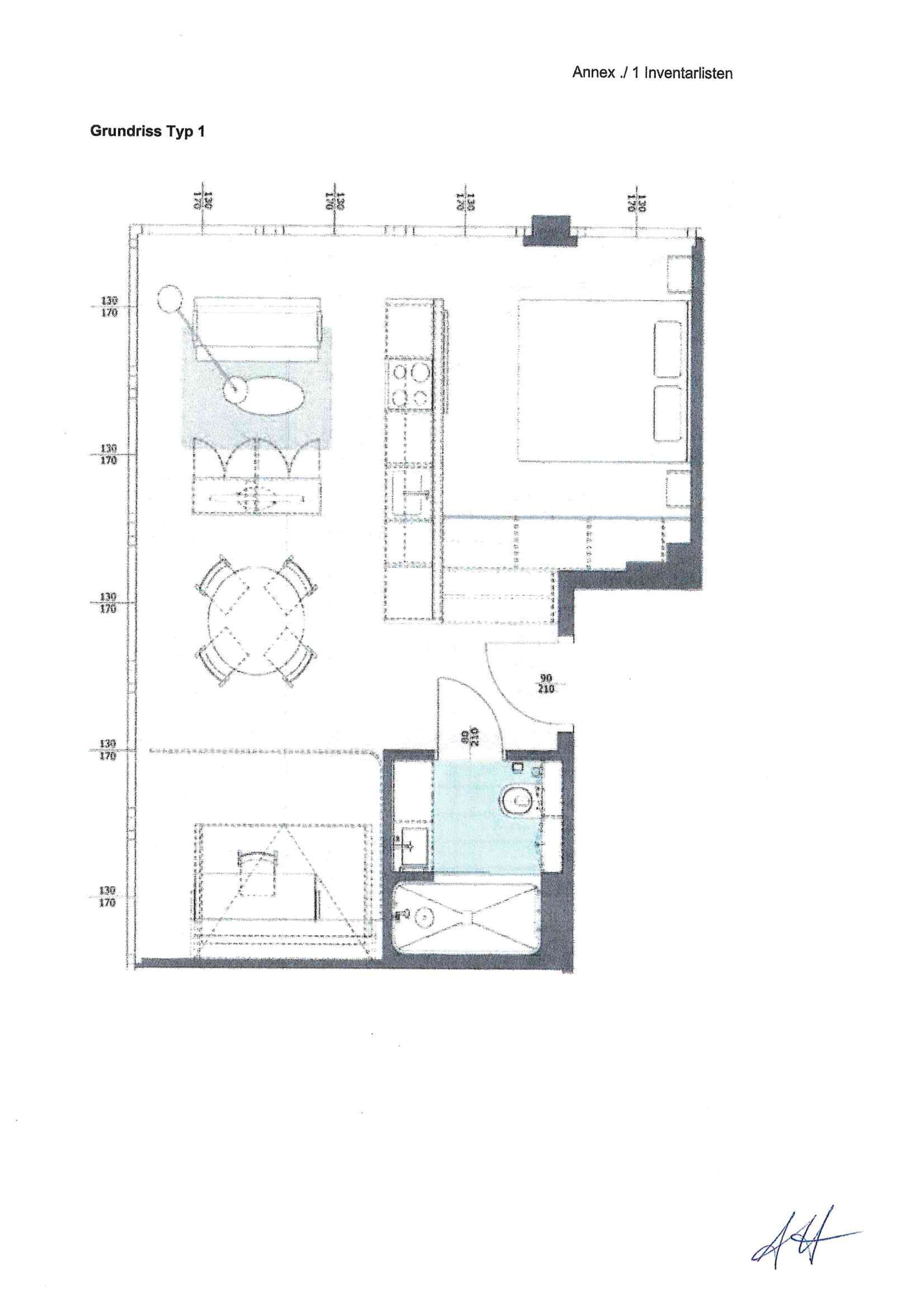 Pianta degli appartamenti Grundriss Typ 1, con cucina, zona pranzo e piccolo bagno.