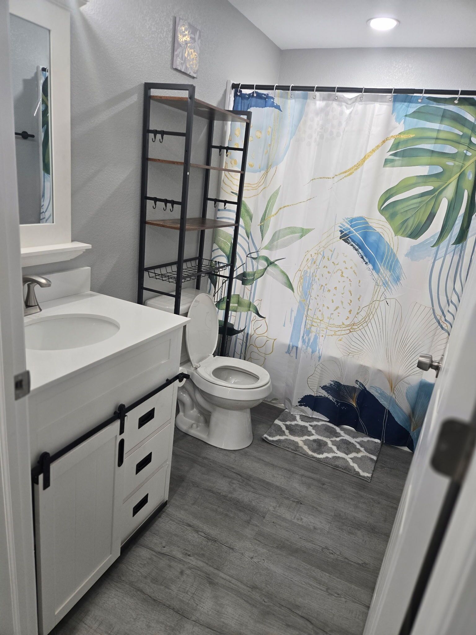 Hair dryer, towels, soap, toilet paper
